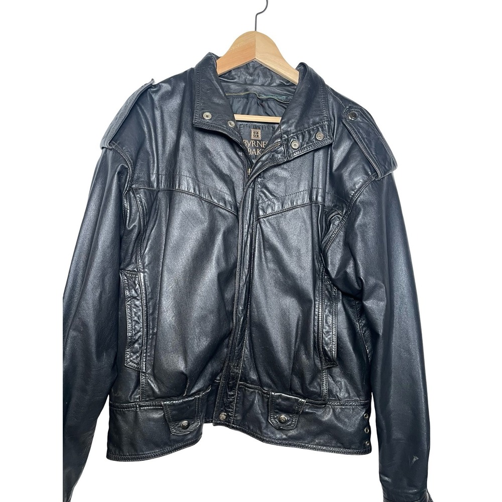 Byrnes & Baker Mens XL Black Leather Vintage Biker Motorcycle Jacket Epaulets